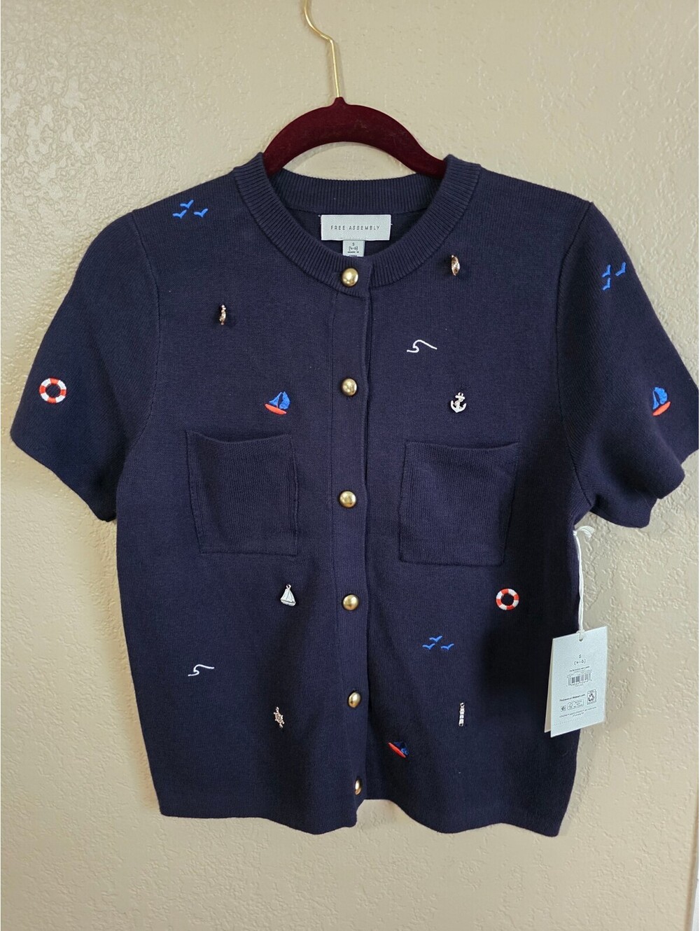 Free Assembly Navy Blue Nautical Embroidered Short Sleeve Cardigan Size S 4-6